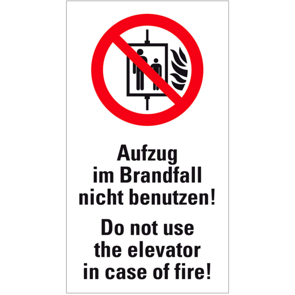 Verbots-Kombischild Aufzug im Brandfall....,de/en,Folie,selbstklebend,250x140mm-Beschreibung lesen