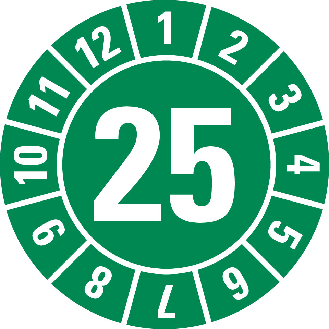 Prüfplakette 25, grün, Folie, selbstklebend, Ø 15mm, 10/Bogen-Beschreibung lesen