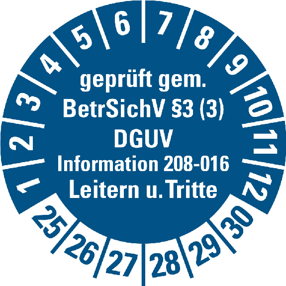 Prüfpl.gepr.gem.BetrSichV §3 (3) Leitern/Tritte,25-30,blau,Folie,Ø 30mm,10/Bogen Prüfpl.gepr.gem.BetrSichV §3 (3) Leitern/Tritte,25-30,blau,Folie,Ø 30mm,10/Bogen-Beschreibung lesen