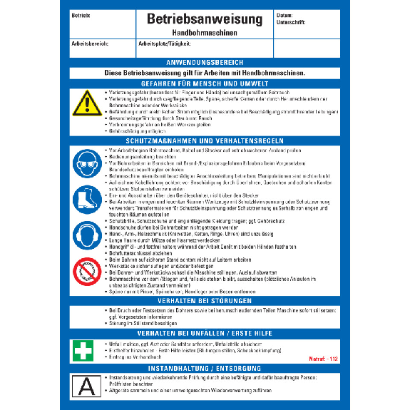 Maschinenbetriebsanweisung Handbohrmaschinen, Kunststoff, 210x297mm, ASR A1.3, DIN EN ISO 7010-Lire la description