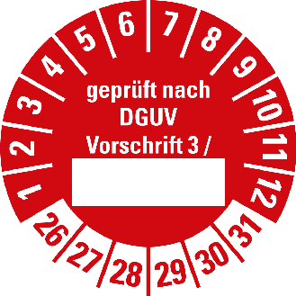 Prüfplakette,gepr.n.DGUV Vorschr.3,26-31,rot,Folie,selbstklebend,Ø 30mm,10/BOG-Beschreibung lesen