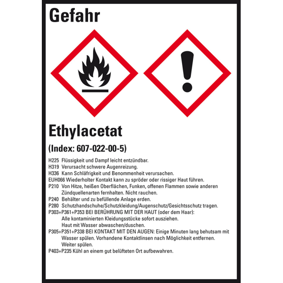GHS-Etikett Ethylacetat, GefStoffV/GHS/CLP, Folie, 74x52mm, 10/Bogen-Lire la description