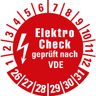 Prüfplakette Elektro-Check nach VDE,26-31,rot,Folie,selbstkl.,Ø 30mm,10/Bogen-Beschreibung lesen