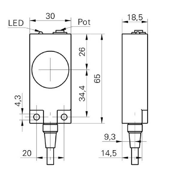 DPC Rect. PNP NO P4-15mm noyé 65x30x18,5mm 24VDC IP65 / Câble 2m - CFDK 30P1600-Lire la description