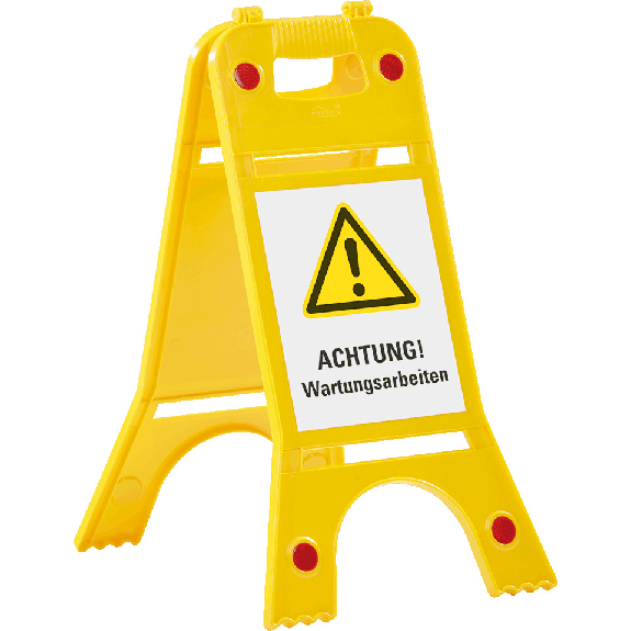 Warnaufsteller mit Reflektoren, ACHTUNG! Wartungsarbeiten, gelb, 245x620mm, ASR A1.3, DIN EN ISO 7010-Beschreibung lesen
