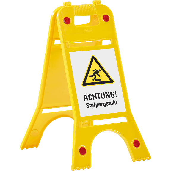 Warnaufsteller mit Reflektoren, ACHTUNG! Stolpergefahr, gelb, 245x620mm, ASR A1.3, DIN EN ISO 7010-Beschreibung lesen