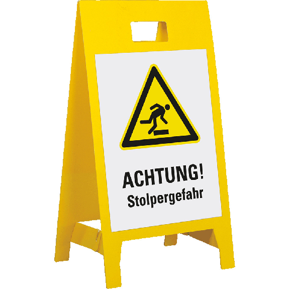 Warnaufsteller Leicht, ACHTUNG Stolpergefahr, gelb, Polypropylen, 350x650mm, 300g, ASR A1.3-Beschreibung lesen
