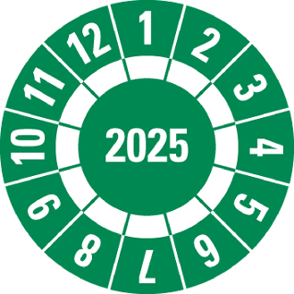 Prüfplakette 2025 mit Freifeldern,grün,Folie,selbstklebend,Ø 30mm,10/Bogen-Beschreibung lesen