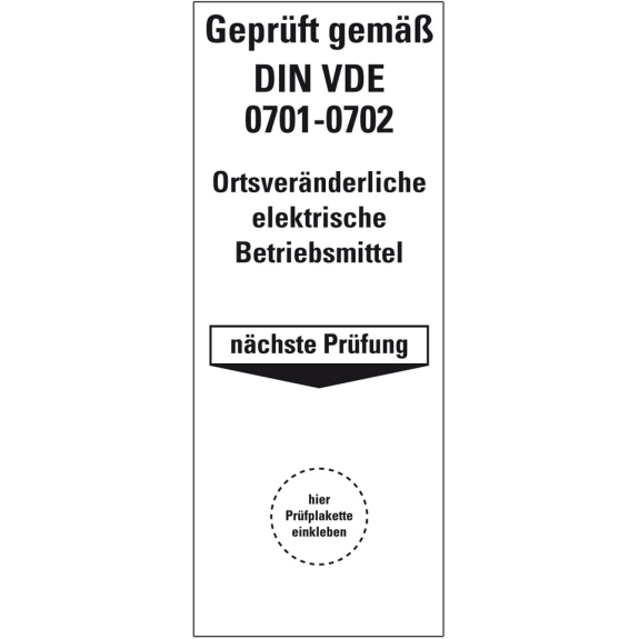 Grundplakette DIN-VDE 0701-0702,ortsveränd.Betriebsmittel,Folie,100x40mm,5/Bogen-Beschreibung lesen
