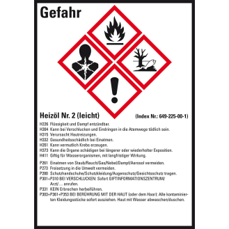 Gefahrstoffetikett Heizöl No.2, GefStoffV/GHS/CLP, Folie, 52x74mm, 10/Bogen-Beschreibung lesen