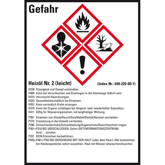 Gefahrstoffetikett Heizöl No.2, GefStoffV/GHS/CLP, Folie, 52x74mm, 10/Bogen-Beschreibung lesen