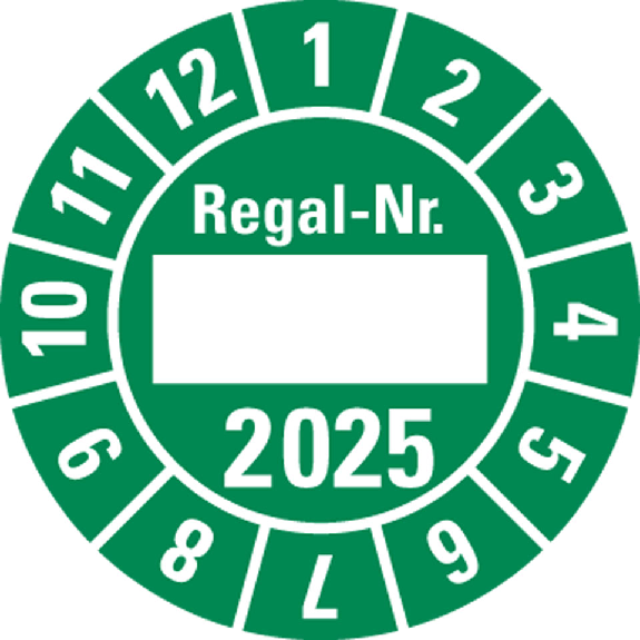 Prüfplakette Regal Nr.,2025, Beschriftungsfeld,grün,Folie,Ø 30mm,10/Bogen Prüfplakette Regal Nr.,2025, Beschriftungsfeld,grün,Folie,Ø 30mm,10/Bogen-Beschreibung lesen