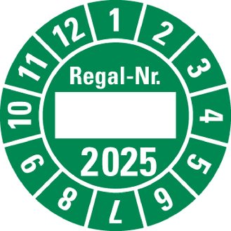 Prüfplakette Regal Nr.,2025, Beschriftungsfeld,grün,Folie,Ø 30mm,10/Bogen-Beschreibung lesen