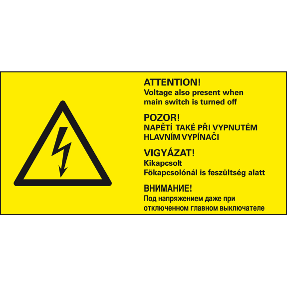 Warn-Kombischild ACHTUNG! Bei...unter Spannung, RoHS konform, 4-spr., Folie, 74x37mm-Beschreibung lesen