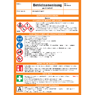 Betriebsanweisung Benzin, CLP/GHS, Kunststoff, 210x297mm, ASR A1.3, DIN EN ISO 7010-Beschreibung lesen