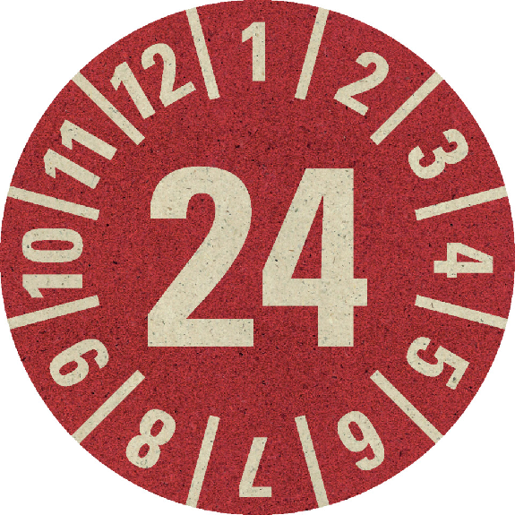 Prüfplakette 24, rot, Primärfaser-Graspapier, Ø 30mm, 18/Bogen Prüfplakette 24, rot, Primärfaser-Graspapier, Ø 30mm, 18/Bogen-Beschreibung lesen