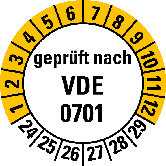 Mehrjahresprüfplakette gepr.nach VDE 0701,24-29,weiß/gelb,Folie,20mm,10/Bogen Mehrjahresprüfplakette gepr.nach VDE 0701,24-29,weiß/gelb,Folie,20mm,10/Bogen-Beschreibung lesen