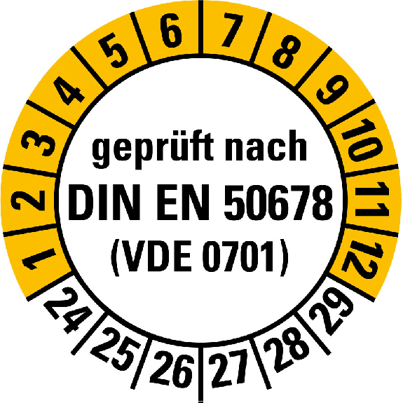 Prüfplakette gepr.n.DIN EN 50678 (VDE0701),24-29,weiß/gelb,Folie,Ø 20mm,10/Bogen-Beschreibung lesen
