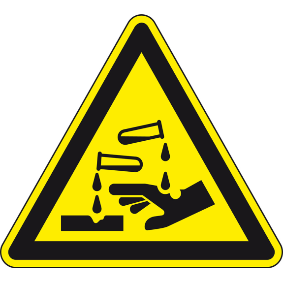 Warnschild Warnung vor ätzenden Stoffen, Kunststoff, SL200mm, ASR A1.3, DIN EN ISO 7010 W023-Beschreibung lesen