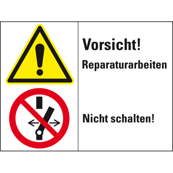 Kombischild mit Symbolen Vorsicht!Reparaturarbeiten..., Folie, selbstklebend, 200x150mm-Lire la description