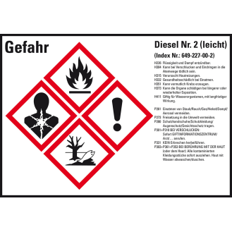 Gefahrstoffetikett Diesel No.2, GefStoffV/GHS/CLP, Folie, 105x74mm, 8/Bogen-Beschreibung lesen