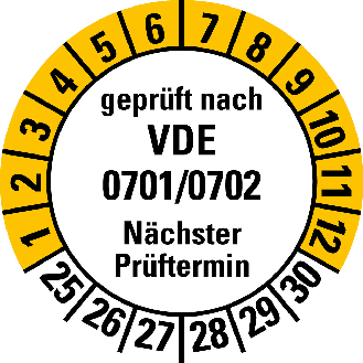 Prüfpl.gepr.n.VDE 0701/0702,NP,25-30,weiß/gelb,Folie,selbstkl.,Ø 20mm,10/Bogen-Beschreibung lesen