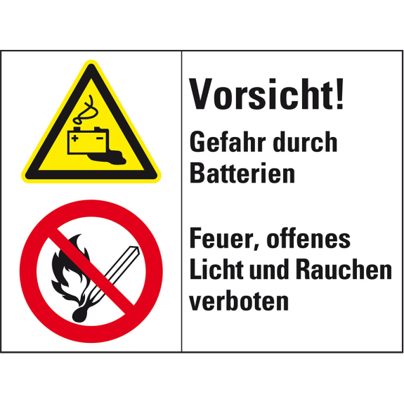 Kombischild mit Symbolen Vorsicht! Gefahr durch Batterien..., Folie, 200x150mm-Beschreibung lesen