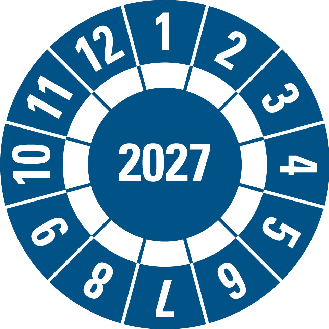 Prüfplakette 2027 mit Freifeldern,blau,Folie,selbstklebend,Ø 30mm,10/Bogen-Beschreibung lesen