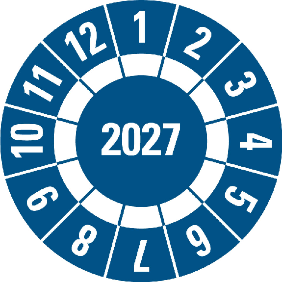 Prüfplakette 2027 mit Freifeldern,blau,Folie,selbstklebend,Ø 30mm,10/Bogen Prüfplakette 2027 mit Freifeldern,blau,Folie,selbstklebend,Ø 30mm,10/Bogen-Beschreibung lesen
