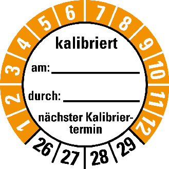 Prüfplakette kalibriert,nä.Kalibriert.,26-29,weiß/orange,Folie,Ø 30mm,10/Bogen-Beschreibung lesen