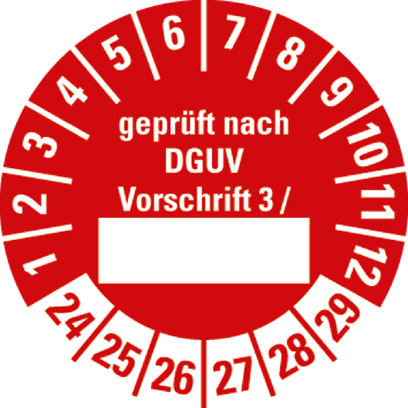 Prüfplakette,gepr.n.DGUV Vorschr.3,24-29,rot,Folie,selbstklebend,Ø 30mm,10/BOG-Beschreibung lesen
