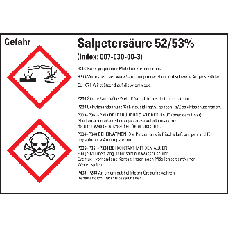 GHS-Etikett Salpetersäure 52/53%, GefStoffV/GHS/CLP, Folie, 105x74mm, 8/Bogen-Beschreibung lesen