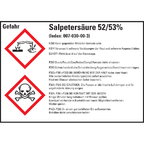 GHS-Etikett Salpetersäure 52/53%, GefStoffV/GHS/CLP, Folie, 105x74mm, 8/Bogen-Beschreibung lesen