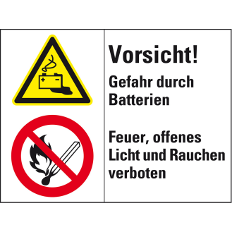 Kombischild m.Symbol.Vorsicht!Gefahr durch Batterien/Feuer, Kunststoff, 200x150mm-Beschreibung lesen