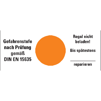 Hinweisetikett Gefahrenstufe orange, Regal nicht beladen!Folie, 100x40mm, 5/Bogen-Beschreibung lesen