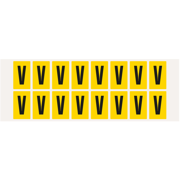 Buchstabe V, gelb/schwarz, Folie, Schrifthöhe 25mm, 22x36mm, 320 Stück/Packung-Beschreibung lesen