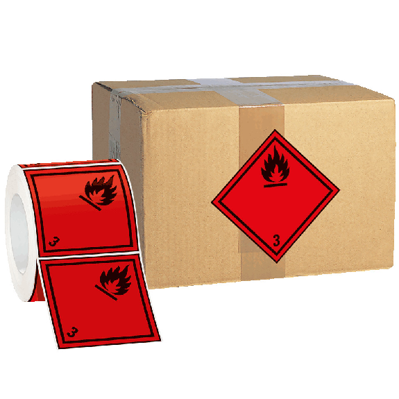 Verpackungskennzeichen Kl. 3 Entzündb.Flüssigk., Folie, seewasserbeständig, 100x100mm, 500/Rolle, IMDG-Code, GGVSEB, ADR-Beschreibung lesen