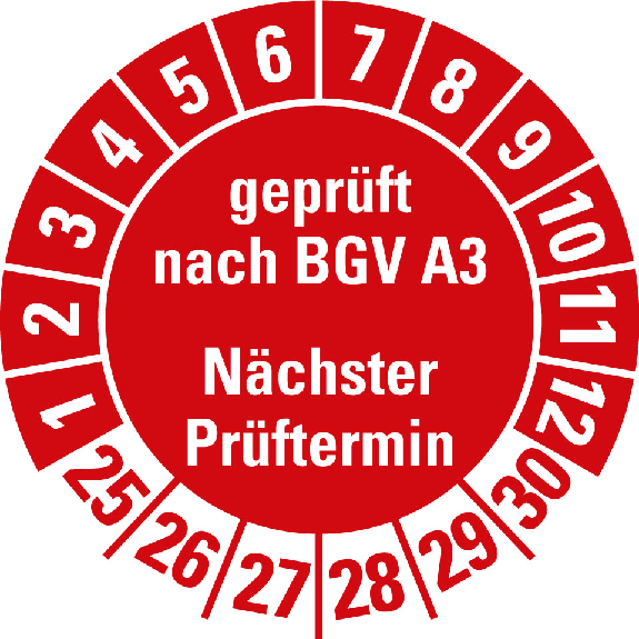 Prüfplakette gepr.n.BGV A3 Nächster Prüftermin 25-30,rot,Folie,Ø 20mm,500/Rolle-Beschreibung lesen