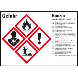 Gefahrstoffetikett Benzin, GefStoffV/GHS/CLP, Folie, 148x105mm, 4/Bogen-Beschreibung lesen