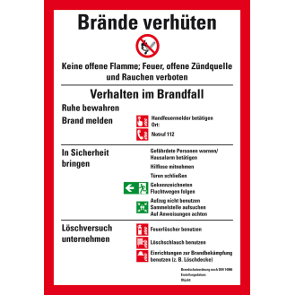 Aushang Brände verhüten, DIN 14096, bauliche Anlagen, Folie, selbstklebend, 210x297mm, ASR A1.3, DIN EN ISO 7010-Beschreibung lesen