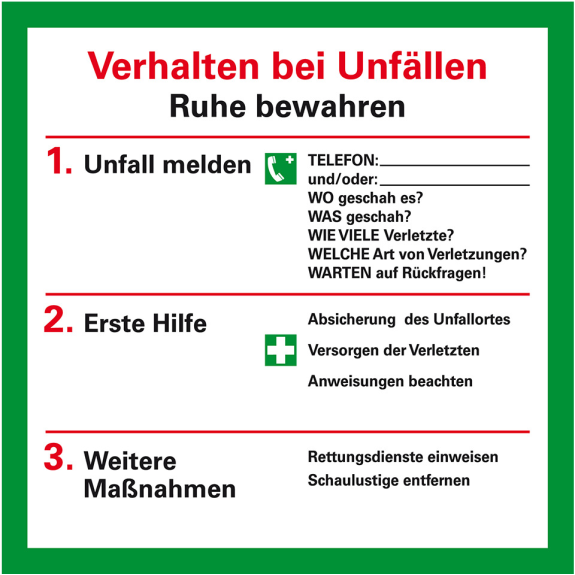 Aushang Verhalten bei Unfällen, Kunststoff, 200x200mm Aushang Verhalten bei Unfällen, Kunststoff, 200x200mm-Beschreibung lesen