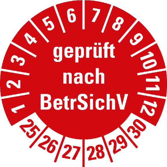 Prüfplakette geprüft nach BetrSichV 25-30,rot,Folie,selbstkl.,Ø 30mm,10/Bogen Prüfplakette geprüft nach BetrSichV 25-30,rot,Folie,selbstkl.,Ø 30mm,10/Bogen-Beschreibung lesen