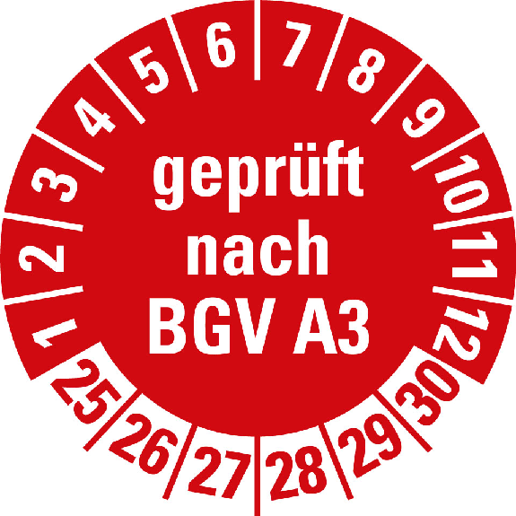 Prüfplakette geprüft nach BGV A3,25-30,rot,Folie,selbstklebend,Ø 20mm,500/Rolle-Beschreibung lesen