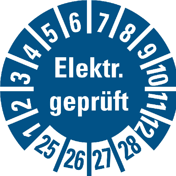Prüfplakette Elektr.geprüft, 25-28, blau, Folie, selbstklebend, Ø10mm, 500/Rolle-Beschreibung lesen