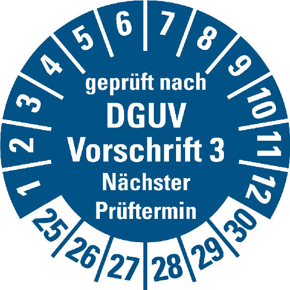 Prüfplakette DGUV Vorschrift 3,NP,25-30,blau/weiß,Dokumentenfolie,Ø20mm,10/Bogen-Beschreibung lesen