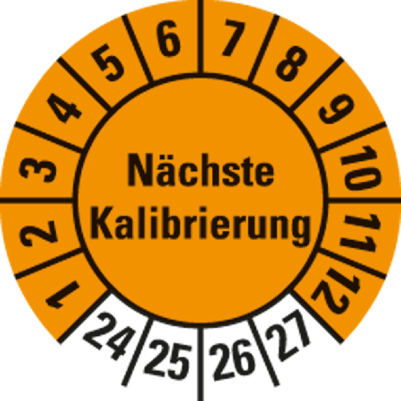 Prüfplakette Nächste Kalibrierung,24-27,orange,Folie,selbstkl.,Ø 20mm,10/Bogen-Beschreibung lesen