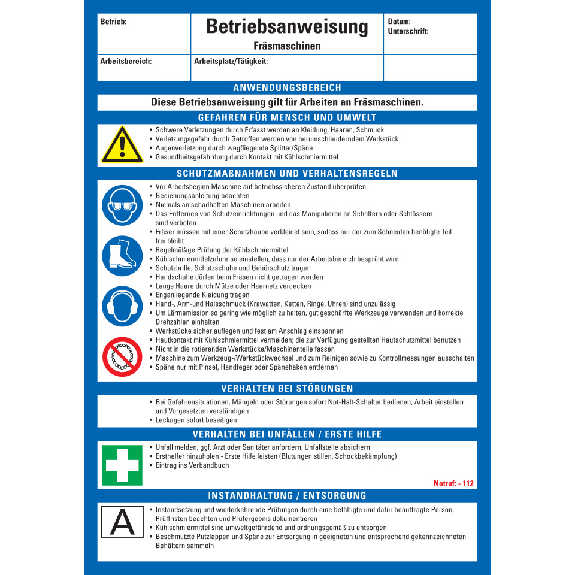Maschinenbetriebsanweisung Fräsmaschinen, Kunststoff, 210x297mm, ASR A1.3, DIN EN ISO 7010 Maschinenbetriebsanweisung Fräsmaschinen, Kunststoff, 210x297mm, ASR A1.3, DIN EN ISO 7010-Beschreibung lesen