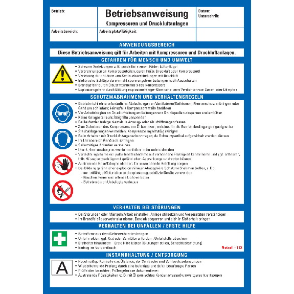 Maschinenbetriebsanweisung Kompressoren u. Druckluftanlagen, Kunststoff, 210x297mm, ASR A1.3, DIN EN ISO 7010-Beschreibung lesen
