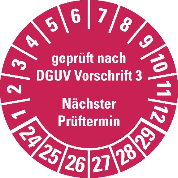 Prüfplakette geprüft DGUV Vor.3 Nächster Prüftermin, 24-29, rot, Cellulose-Folie, selbstklebend, Ø 30mm, 18/Bogen-Beschreibung lesen