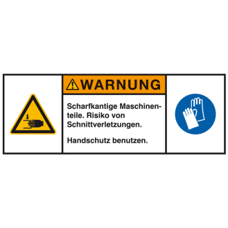 Produktsicherheitsschild Warnung Scharfkantige Masch.teile, RoHS konform, Folie, 100x35mm, ISO 3864-2-Beschreibung lesen
